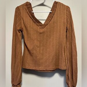 SHEIN Brown Ribbed Long Sleeve Blouse